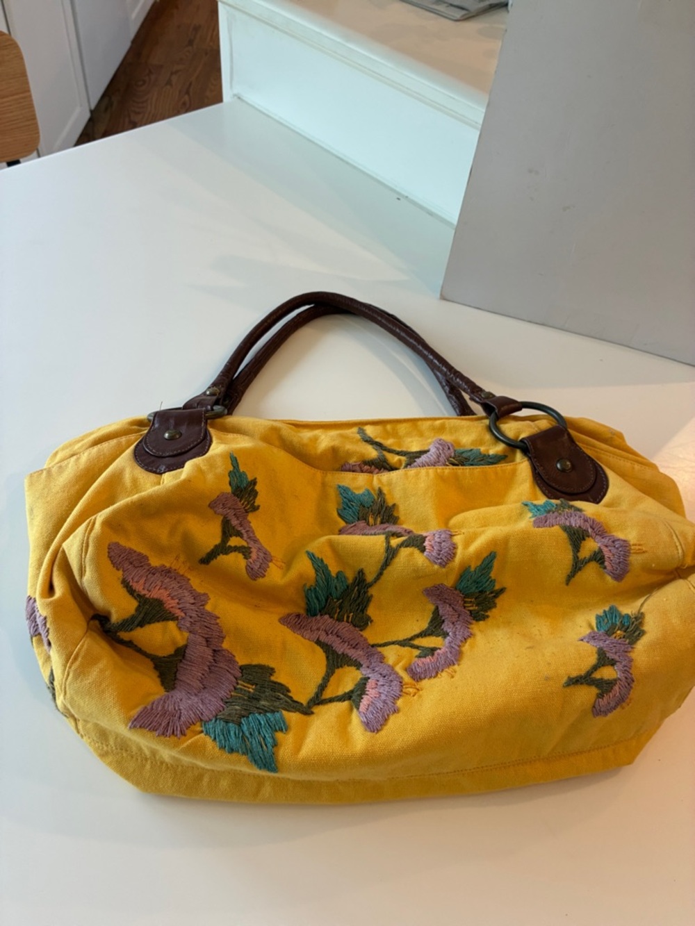 Yellow Embroidered Floral Tote Bag with Brown Handles